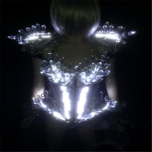 KS53 Party singer stage wears led costumes perform silver armor outfits Rhinestone bodysuit dj luminous dress glowing clothing