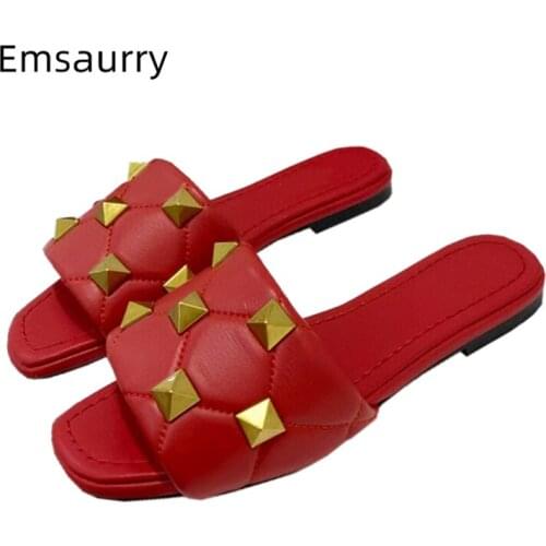 Multicolor Genuine Leather One-Strap Slippers Women Flat Heel Open Toe Rivet Decor Slip-on Lazyman Mules For Girls Lady