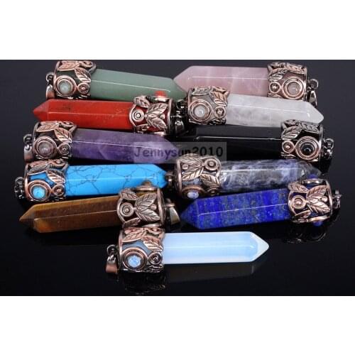 Natural Gems Stone Reiki Chakra Leaf Hexagonal Pendant Charm Beads Copper Plated Jewelry Design 5Pcs/Pack