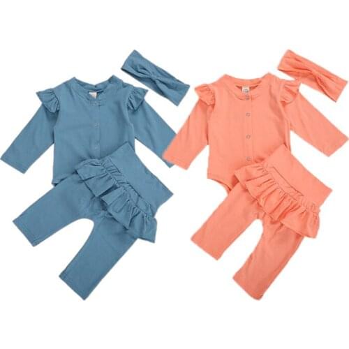 Newborn Baby Girl Solid Color Long Sleeve Cotton Bodysuit Tops Ruffles Long Pant Trouser 2pcs Outfits Autumn 0-24 Months