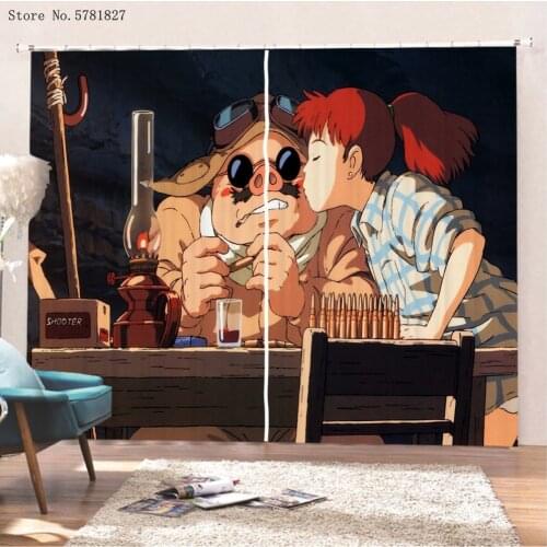 Kurenai No Buta Window Curtains 3D Print Porco Rosso Window Drapes 2 Panels Home Textile Window Treatments Anime Cartoon Curtain