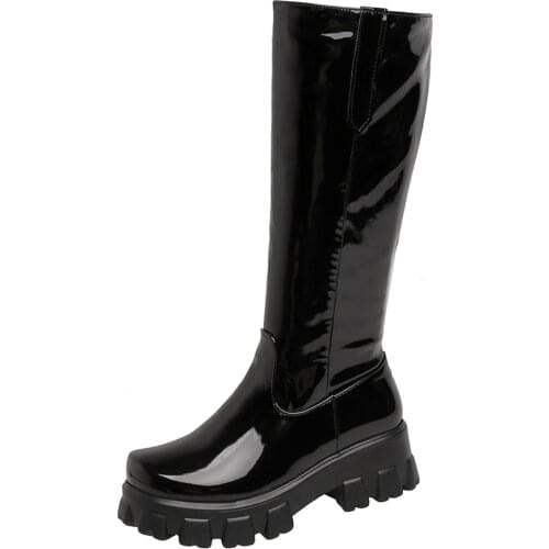 2020 Thick-Soled Wedge Platform Boots Polyurethane Platform Short Plush Patent Leather Knee-Length Boots Red Shoes Women Boots