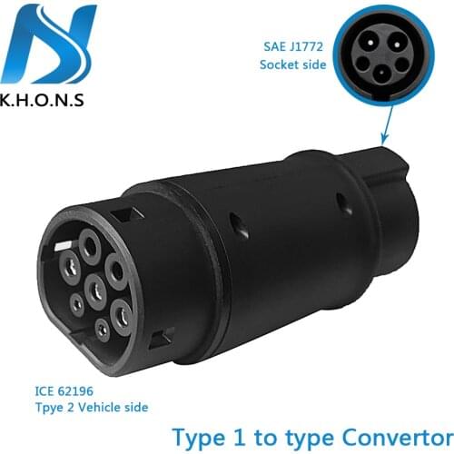 KHONS EV Charger Connector SAE J1772 Socket Type 1 To Type 2 EVSE Adapter For 16/32A Electric Vehicle Charging Cable