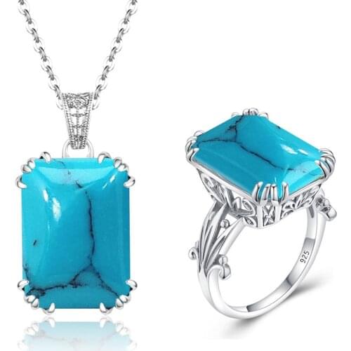 Szjinao Real Silver 925 Jewelry Sets For Women Undefined Turquoise Gemstone 925 Sterling Silver Pendant Ring Set Fashion Jewelry