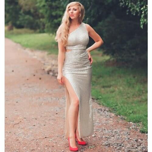 Diagonal Collar Folds Hollow Out One Shoulder Stretch Zipper Split Padded Sequin Evening Party Dress Maxi Dress Silver Blue