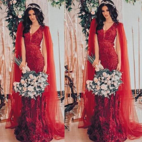 SuperKimJo Vestido Fiesta Red Evening Dresses Long Dubai Caftan Lace Applique Modest Mermaid Elegant Evening Gown 2021 Robe