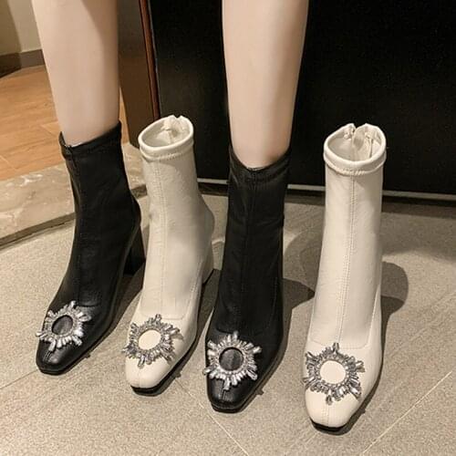 Womens Ankle Boots PU Square Toe Rhinestone Block Heels Solid Zip Female Spring & Autumn Shoes Fashion Mature Ladies Footwear