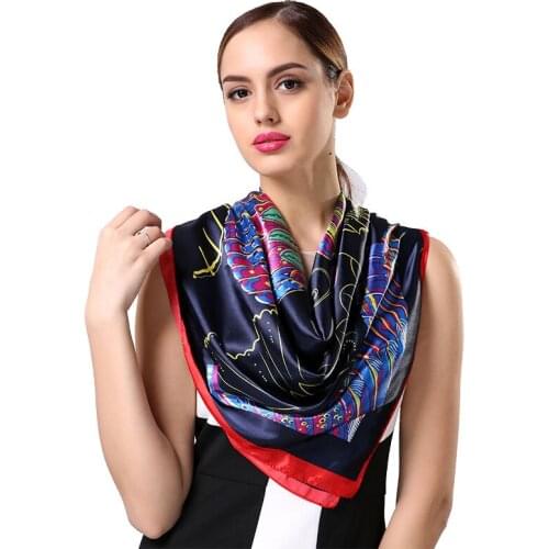 Woman soft Square Scarves Chinese style 90*90 Big Satin bandana Scarf luxury lady Head scarf Hijab S9A9643