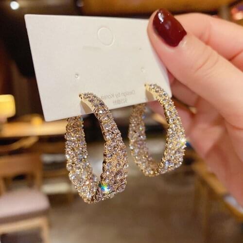 2 Colors Big Rhinestone Earrings Hoops Women Round Bling Crystal Dangle Ear Ring Gift Large Circle Loop Fashion Hiphop Earrings