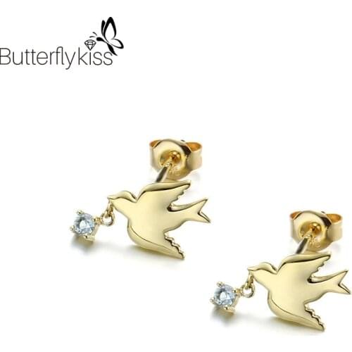 BK 9k Yellow Gold Natural Topaz Stud Earrings For Women Peace Dove Shape 0.86g Genuine Gold 585 Engagement Party Fine Jewelry