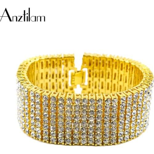 30mm HIP HOP Personality Micro Paved 8 Rows Rhinestone Bracelets Gold Silver Color Wide Ice Out Hand Chain for Men Rapper