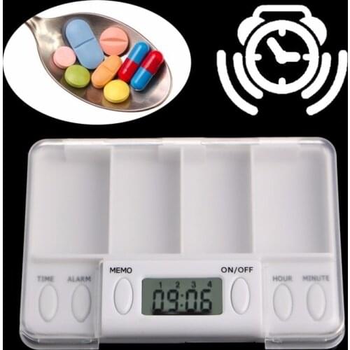 Pills Reminder Medicine Alarm Timer Electronic Box Case Organizer 4 Grid