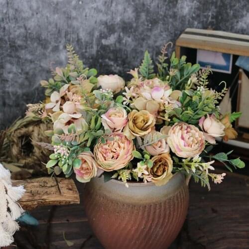 White Silk Artificial Roses Flowers Wedding Home Autumn Decoration High Quality Big Bouquet Luxury Fake Flower Arrangement Bulk