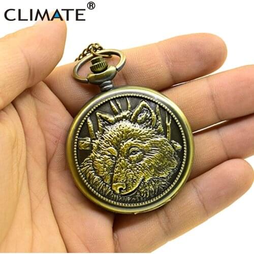 Wolf Pocket Watch Vintage Retro Men Pocket Watch Huskie Alaskan Cool Emboss Round Bronze Alloy Quartz Pocketwatch with Chain