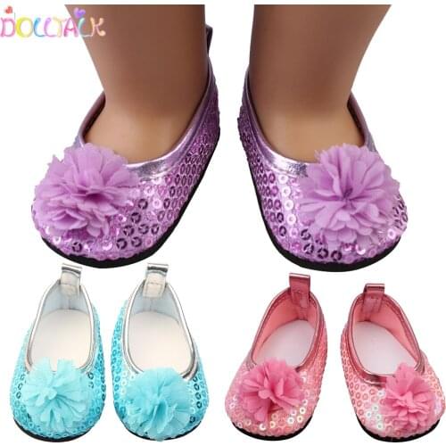 Doll Talk Pink 18 Inch American Flower With Sequin Doll Shoes Fashion Lovely Sequin Flower Mini Girl Toy Shoes For Doll