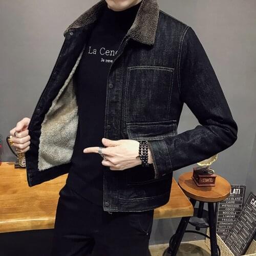 Mens fall/winter denim jacket 2021 new mens fashion casual pure cotton thickened warmth Slim lamb fur collar denim coats tops