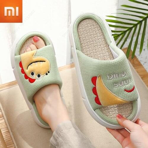 Xiaomi Cartoon Dinosaur Non-slip Slippers Linen Female Couple Slipper Absorbent Breathable Summer Winter Flat Flop Shoes