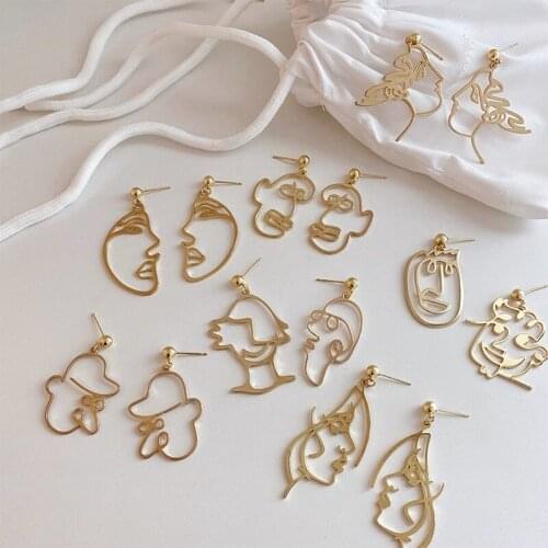 Origin Summer Unique Design Gold Abstract Face Lines Dangle Earings for Women Vintage Hollow Metal Earings Jewelry Accessories