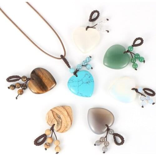 Fashion Women Natural Gem Stone Love Heart Pendant Necklace Turquoises Onyx Opal Tiger Eye Stone Pendants Neck Jewelry For Lover