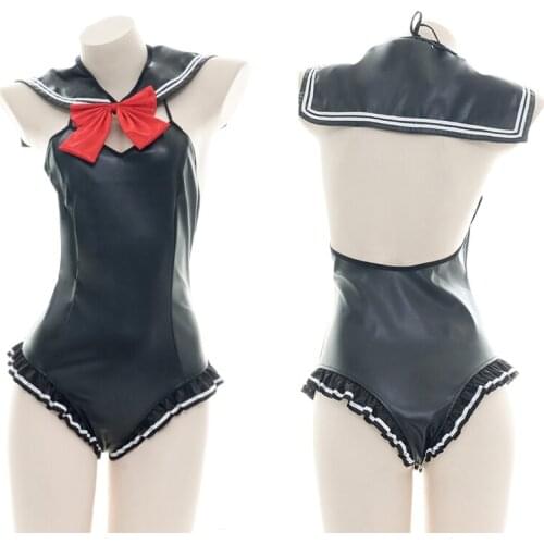 Sexy Sukumizu Cheongsam Sailor Collar Leather One Piece Swimsuit Cosplay Underwear Set Sexy Lolita Backless Ruffle Pajamas Set