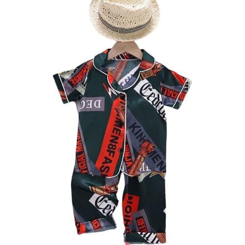 Kids Boys Girls Pajamas Sets Summer Print Short Sleeve Tops+Pants 2PCS Silk Sleepwear Baby Children Nightwear Homewear