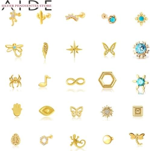 AIDE 1PCS 925 Sterling Silver Turquoise Perforated Cartilage Stud Earrings For Women Geometric Irregular Animal Earrings Joyero