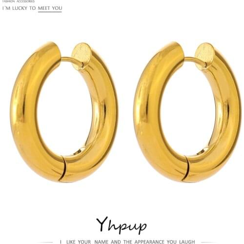 Yhpup 2021 Stainless Steel Jewelry Minimalist Round Hollow Hoop Earrings Charm Gold Metal 18 K Waterproof Earrings Gift 2021