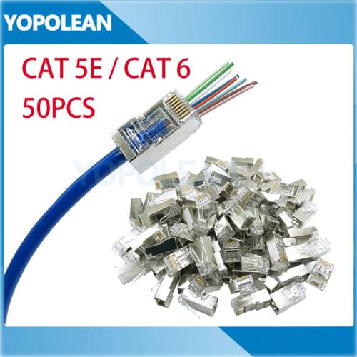 50pcs/lot End Pass Though RJ45 shielded connector cat5e Cat6 network plug rj45 adapter