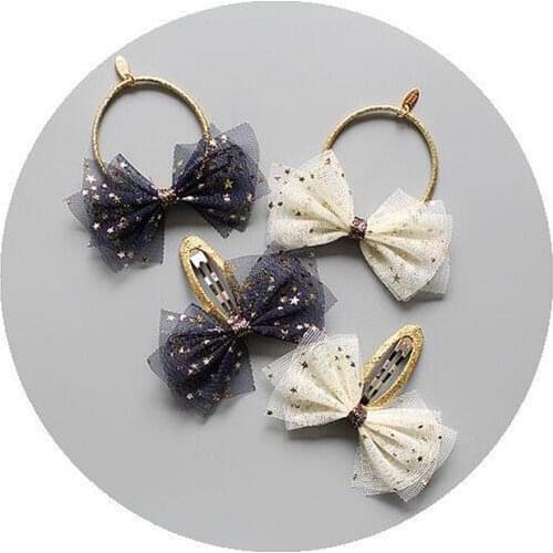 2/4pcs/Set Chiffon 3 Layers Girls Bow Hair Ties Rings Glittery Stars Elastic Hair Bands Ring Coin Ponytail Holder Kids Headdress