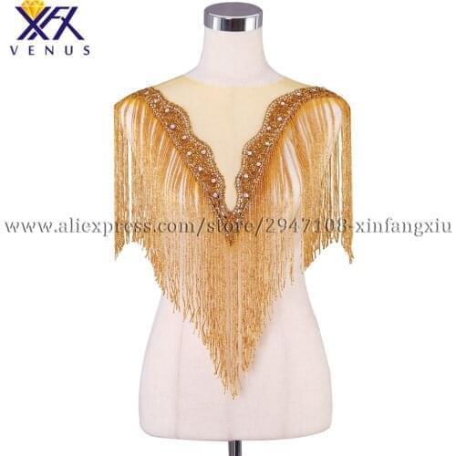 XFX VENUS Hot sale gold wedding embroidered crystal beaded tassels style deep V-neck collar with fashion beaded applique 1pc
