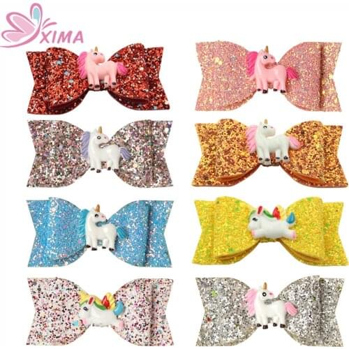 XIMA 8pcs/lot 3.5''Unicorn Princess Hairgrips Glitter Hair Bows with Clip Girls Hairpins Hair Accessories for Party