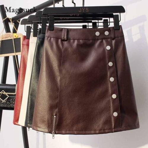 2020 Autumn Women High Waist Skirt A-line Leather Skirt Single-Breasted Slim Fit Sexy Solid Short Skirt Faldas Cortas 11078