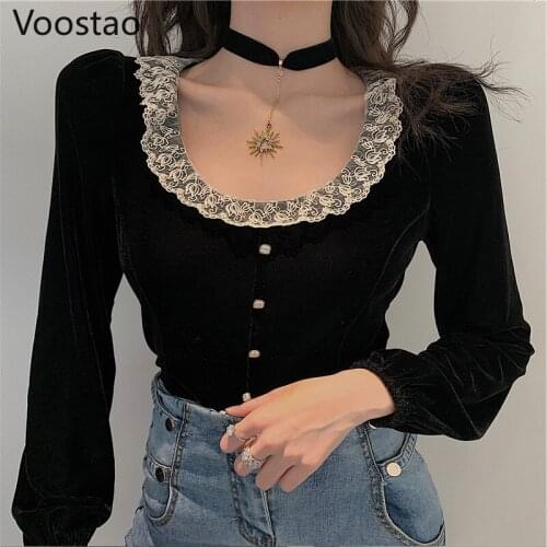 Gothic O-Neck Velvet T-shirts Women Vintage Sexy Lace Patchwork Long Sleeve Tshirt French Female Chic Pullovers Shirt Tee Tops