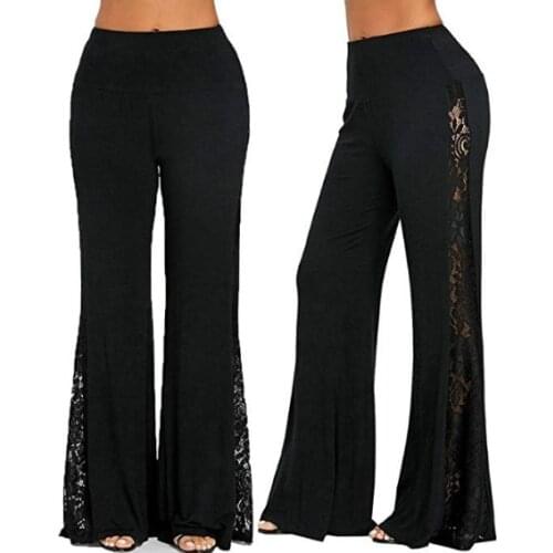 Women Gothic Punk Lace Patchwork Fashion Wide Leg Pants Sexy Hollow Out See Through Black Loose Summer Thin Trousers Long Pants