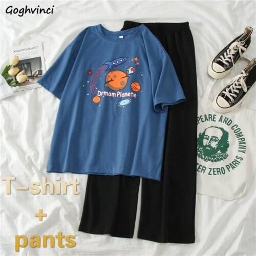 Women Sets Short Sleeve T-shirt and Casual Pants Print Lovely Planet Female Student O-neck Loose Leisure Chic All-match Trendy