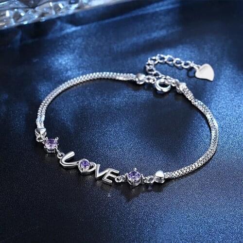 Womens Fashion Shiny Chain & Link Heart Bracelets White Purple Cubic Zircon bracelets Simple Style Elegant Lovers' Accessories