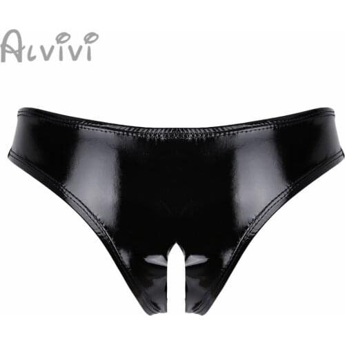 Newest Patent Leather Womens Wet Look Lingerie Clubwear Sexy Open Crotch Panties High Cut Mini Briefs Micro Thong Underwear