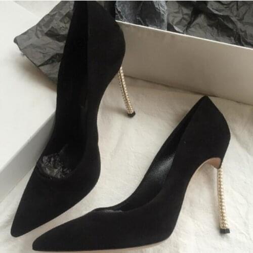 Sexy Pearl Heels Women Shoes Pointed toe Black Suede Slip-on Banquet Dress Shoes Cut-out Celebrating Women Pumps Black Red Pink