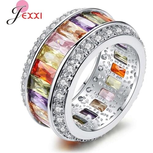 Minimalist Baguette Princess Cut Ring for Women Ladies Fine 925 Sterling Silver with Rainbow Color Cubic Zirconia Wide Band