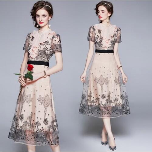 Runway Flower Embroidery Summer Women Short Sleeve Stand Collar Ruffles Vintage Mesh Female Patchwork Lace Floral Dress