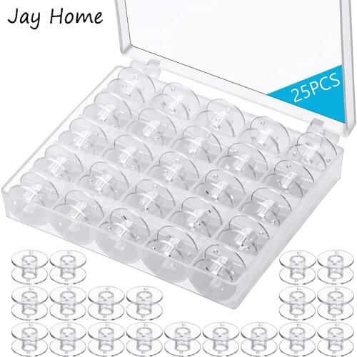 25Pcs Sewing Machine Bobbins Transparent Plastic Bobbins with Storage Case for Embroidery Stitching Sewing Machine Accessories