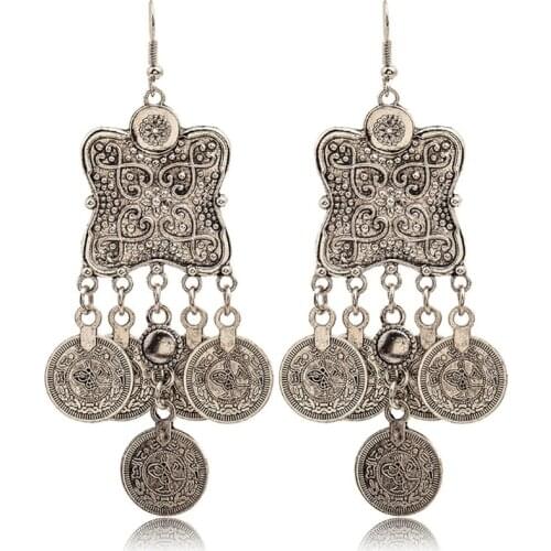 Bohemian Carving Flower Coin Hippie Boho Tibetan Tribal Tassel Dangle Hook Earrings Ethnic Gypsy Beach India African Jewelry