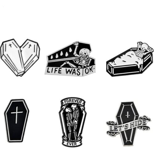 Gothic Dark Coffin Enamel Pins Black Dark Humor Brooches Badges Backpack Denim Shirt Lapel Pins Punk Dead Jewelry Gift