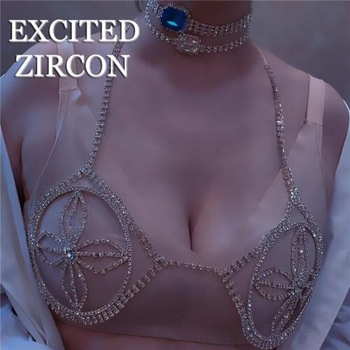 Rhinestone Flower Bra Chain Beach Jewelry Body Shiny Crystal Bra Chest Bralette Body Harness Necklace Bikini Body Chain Sexy Bra