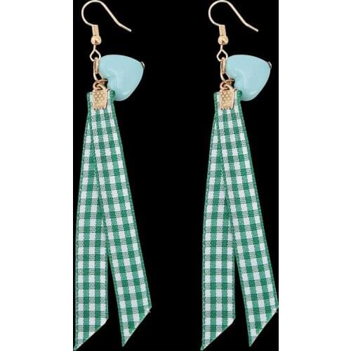 Double Light Green Plaid Ribbon Bands Heart Ear Clip & Hook Drop Earrings for Women Dangle Earrings