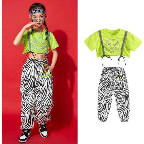 Fluorescent Green Tee Zebra Pattern Trousers Girls Jazz Hip Hop Dancing Practice Wear Performance Competition Clothing YS1494