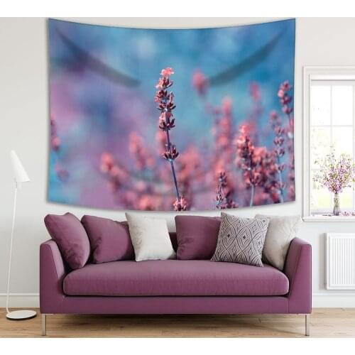 Tapestry Summer Garden Lavender Flowers Blooms on Becomes Blurred Background Nature Photo Printed Blue Pink