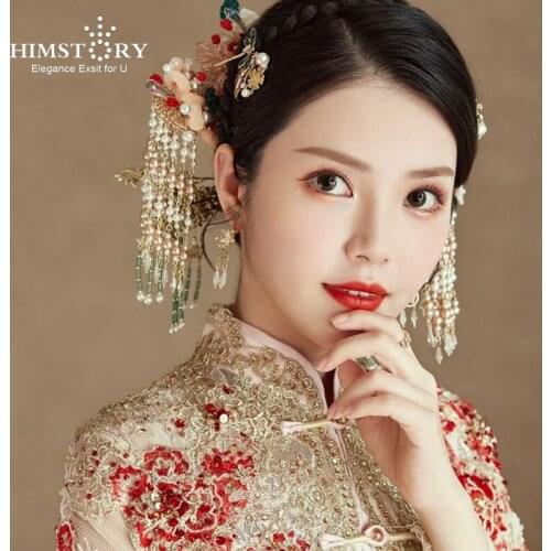 HIMSTORY Classical Chinese Velvet Flower Wedding Hairpins Pearl Beaded Tassel Hair Stick Jewelries Hair Accessories