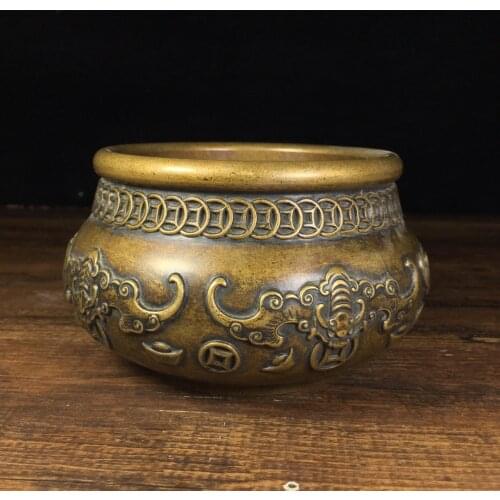 6"Chinese temple collection Old Bronze Cinnabar Lacquer Bat statue Binaural incense burner Ornaments Town House Exorcism