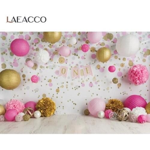 Laeacco Kid Baby 1ST Birthday Party Balloons Pink Floral Flowers Stage Photophone Photographic Background Photography Backdrops